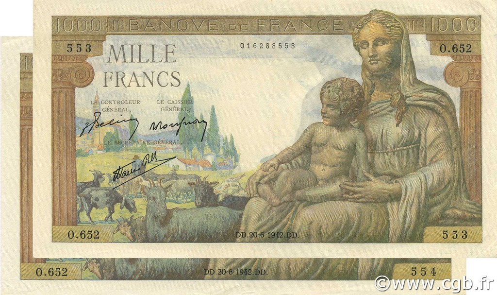 1000 Francs DÉESSE DÉMÉTER FRANCE  1942 F.40.03 XF
