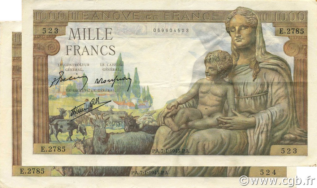 1000 Francs DÉESSE DÉMÉTER Consécutifs FRANCIA  1943 F.40.15 SPL