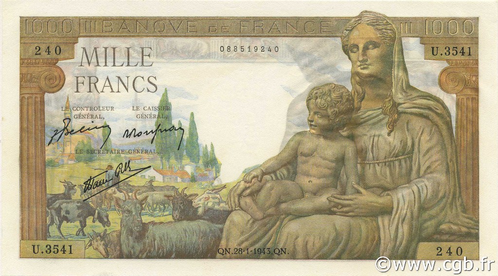 1000 Francs DÉESSE DÉMÉTER FRANKREICH  1943 F.40.17 fST+