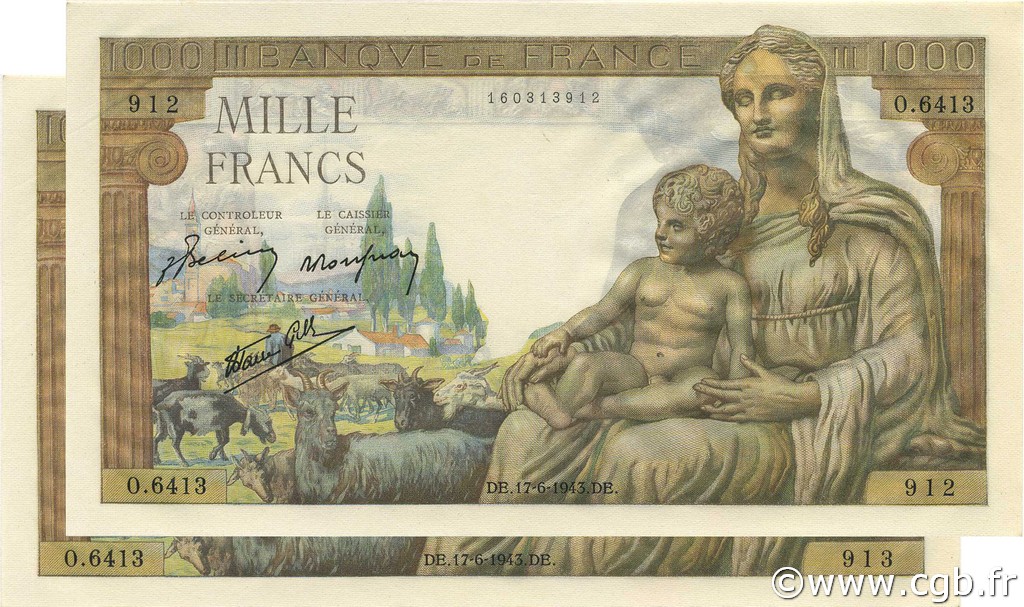1000 Francs DÉESSE DÉMÉTER Consécutifs FRANCE  1943 F.40.27 UNC-