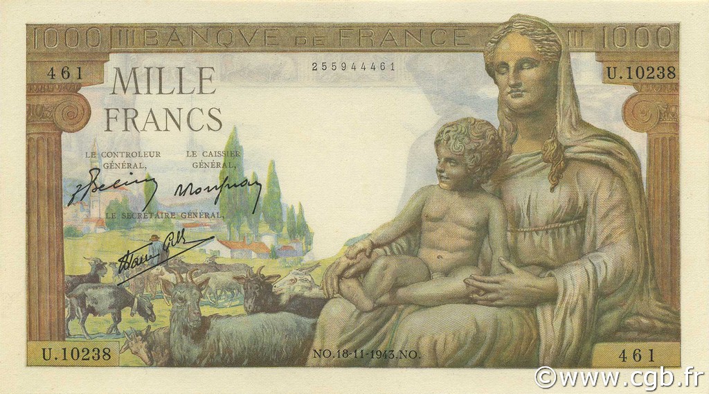 1000 Francs DÉESSE DÉMÉTER FRANKREICH  1943 F.40.40 fST+