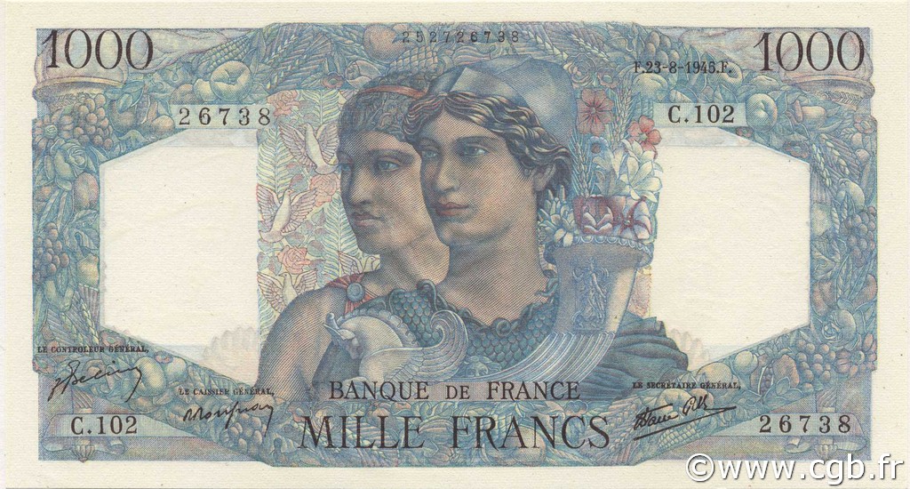 1000 Francs MINERVE ET HERCULE FRANCIA  1945 F.41.07 FDC
