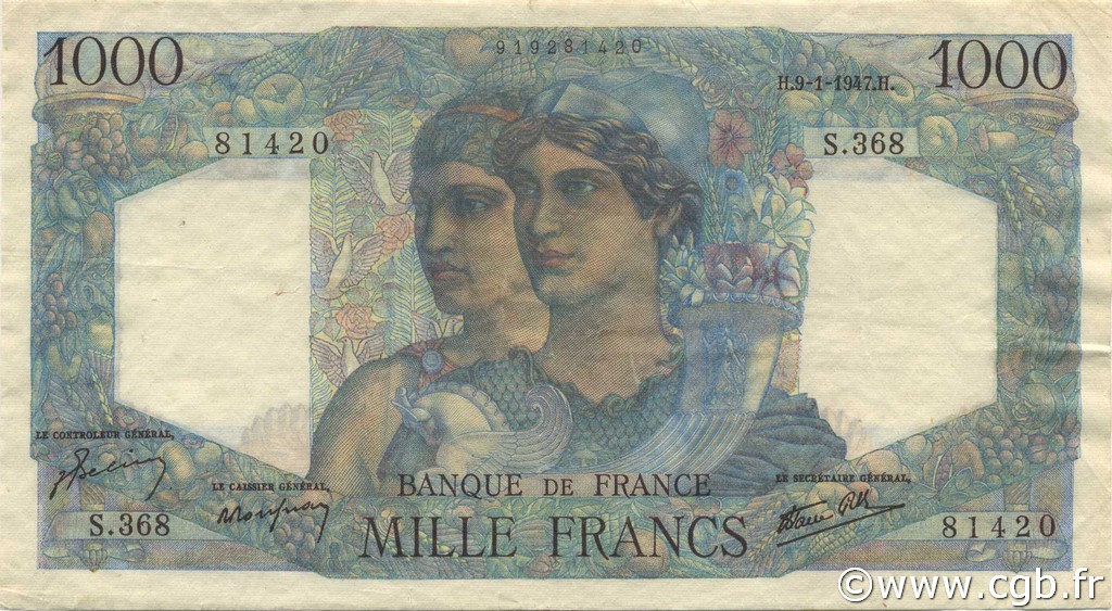 1000 Francs MINERVE ET HERCULE FRANCE  1947 F.41.18 TTB