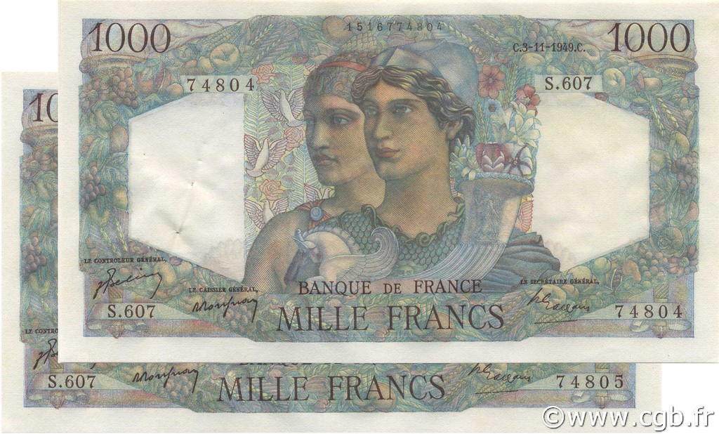 1000 Francs MINERVE ET HERCULE FRANKREICH  1949 F.41.29 fST