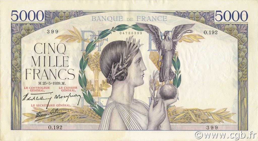 5000 Francs VICTOIRE Impression à plat FRANCE  1939 F.46.06 XF