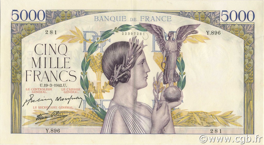 5000 Francs VICTOIRE Impression à plat FRANCIA  1942 F.46.35 SPL+