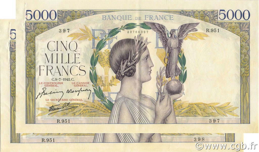 5000 Francs VICTOIRE Impression à plat Consécutifs FRANCIA  1942 F.46.38 EBC
