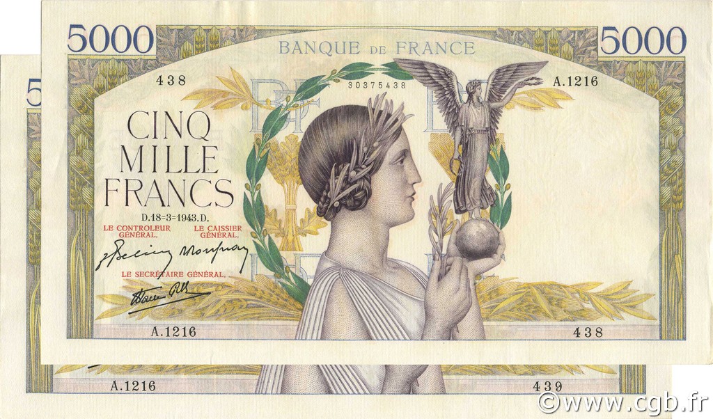 5000 Francs VICTOIRE Impression à plat Consécutifs FRANCIA  1943 F.46.49 q.AU