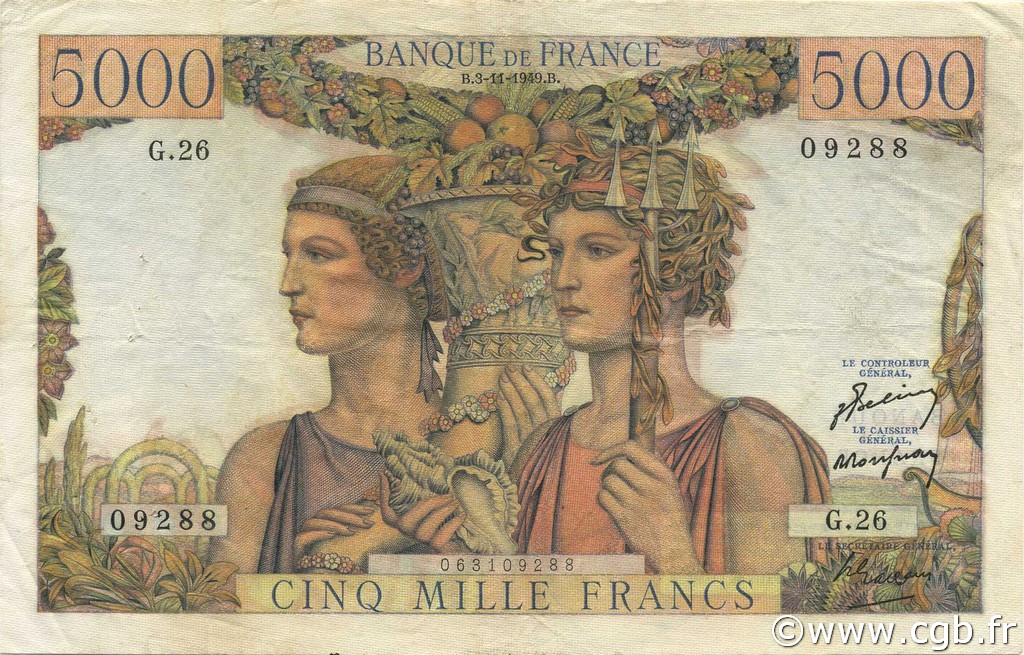 5000 Francs TERRE ET MER FRANCE  1949 F.48.02 VF+