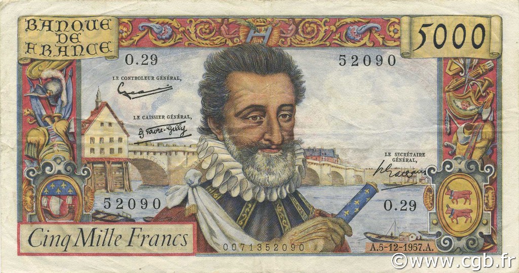 5000 Francs HENRI IV FRANCE  1957 F.49.04 VF+