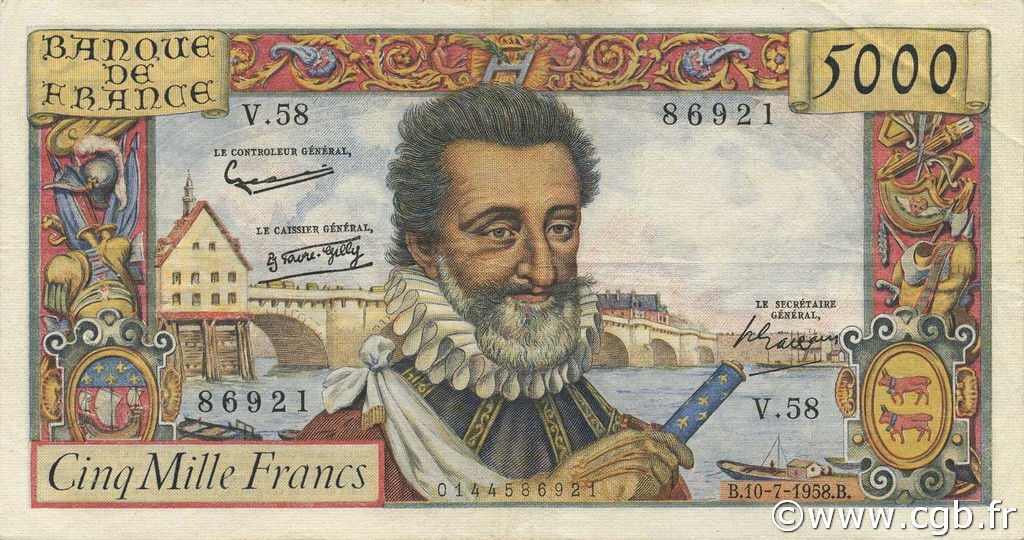 5000 Francs HENRI IV FRANCIA  1958 F.49.07 MBC