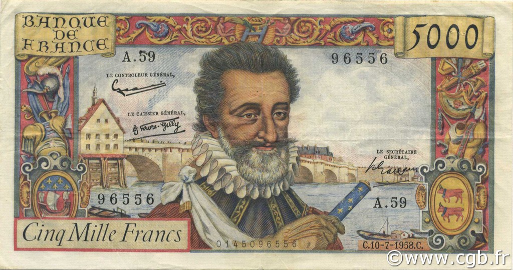 5000 Francs HENRI IV FRANCE  1958 F.49.07 VF+