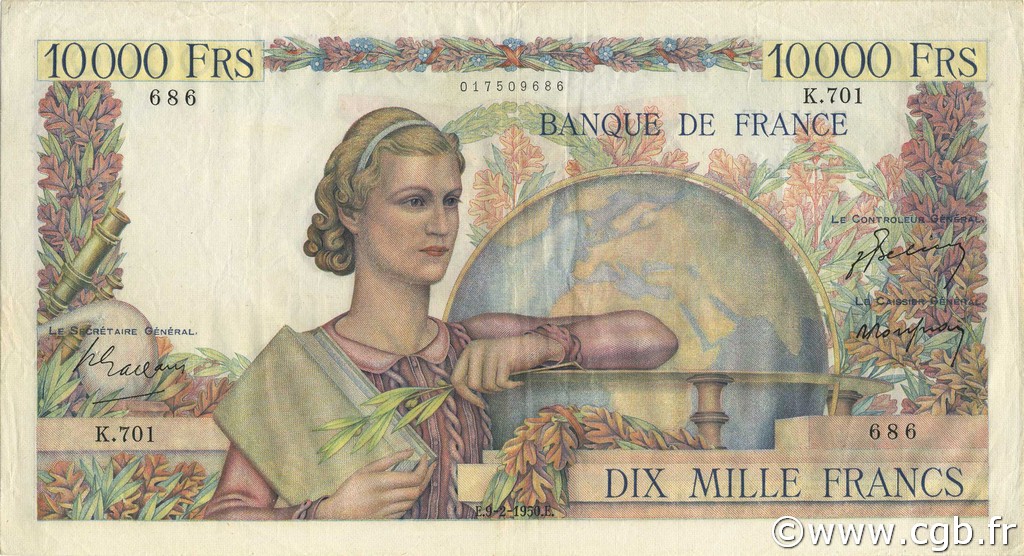 10000 Francs GÉNIE FRANÇAIS FRANCE  1950 F.50.30 VF