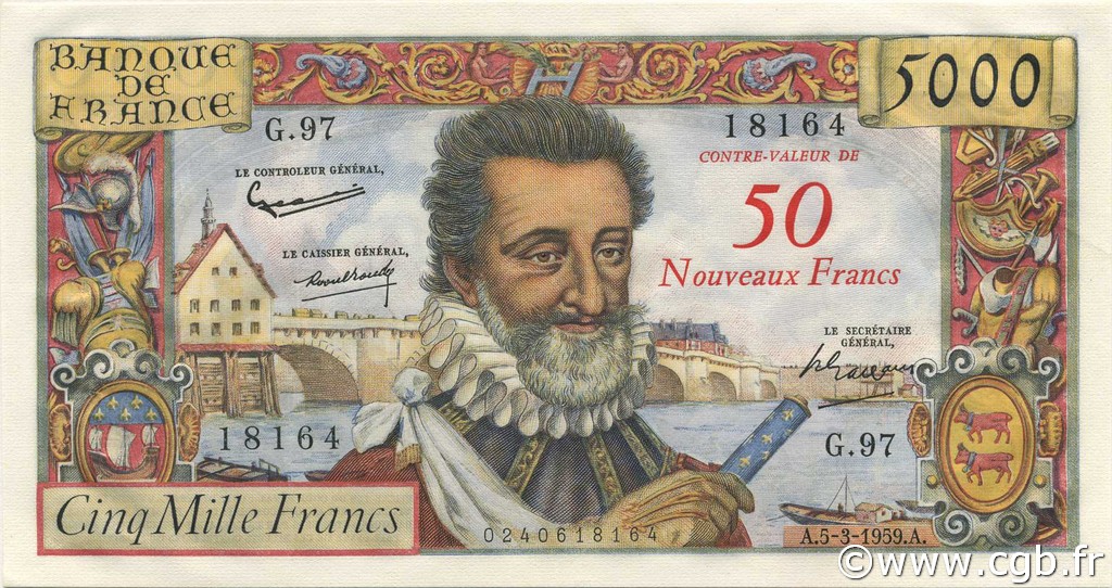 50 NF sur 5000 Francs HENRI IV FRANCIA  1959 F.54.02 SC