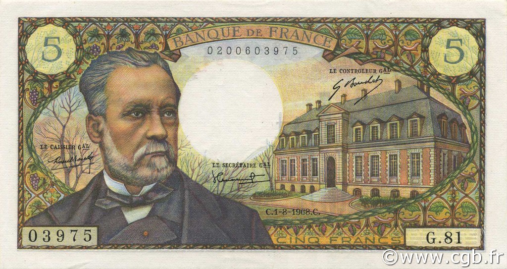 5 Francs PASTEUR FRANCIA  1968 F.61.08 EBC