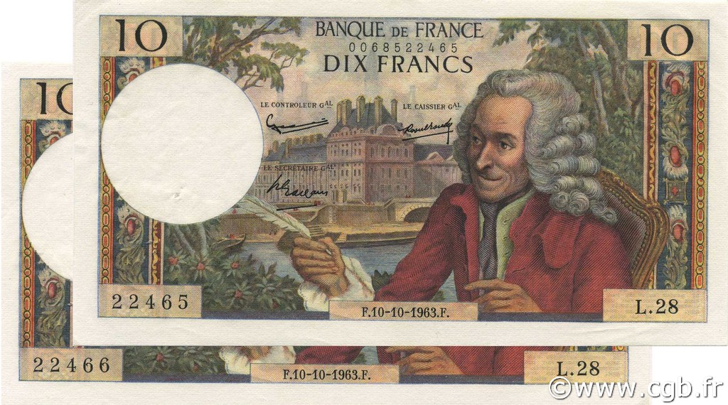 10 Francs VOLTAIRE FRANKREICH  1963 F.62.04 VZ+