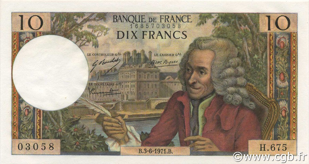 10 Francs VOLTAIRE FRANKREICH  1971 F.62.50 fST+