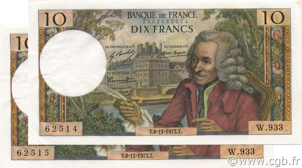 10 Francs VOLTAIRE FRANKREICH  1973 F.62.64 VZ+