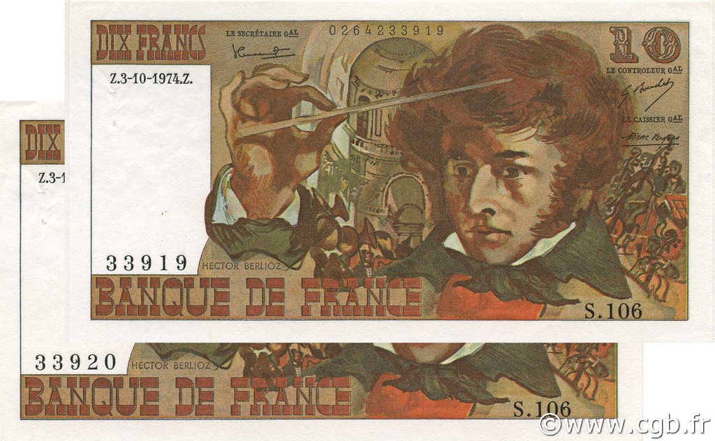 10 Francs BERLIOZ FRANCE  1974 F.63.07a XF - AU