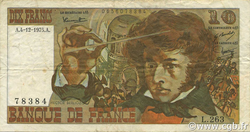 10 Francs BERLIOZ FRANCIA  1975 F.63.15 BC a MBC