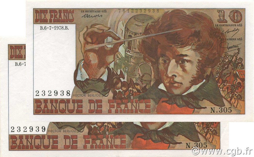 10 Francs BERLIOZ Consécutifs FRANCE  1978 F.63.24 pr.SPL