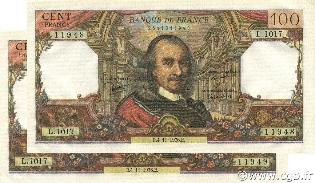 100 Francs CORNEILLE Consécutifs FRANCIA  1976 F.65.55 EBC