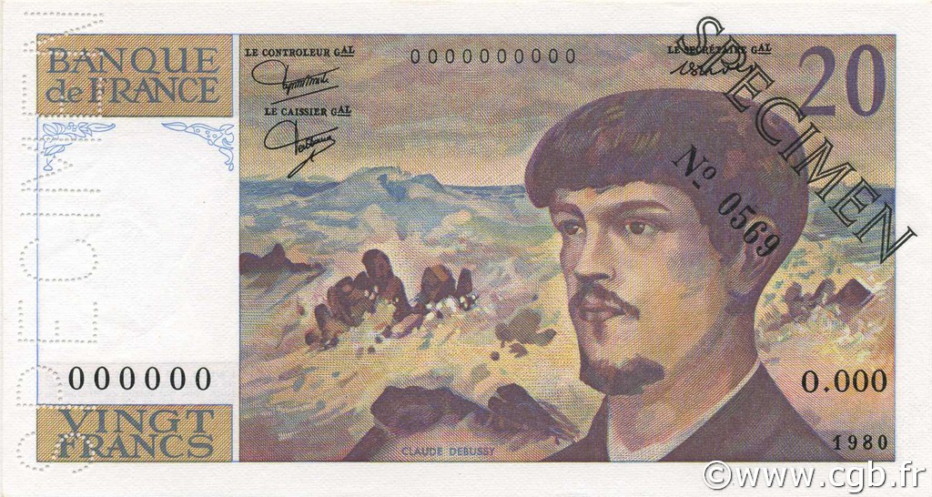 20 Francs DEBUSSY FRANCE  1980 F.66.01Spn2 UNC