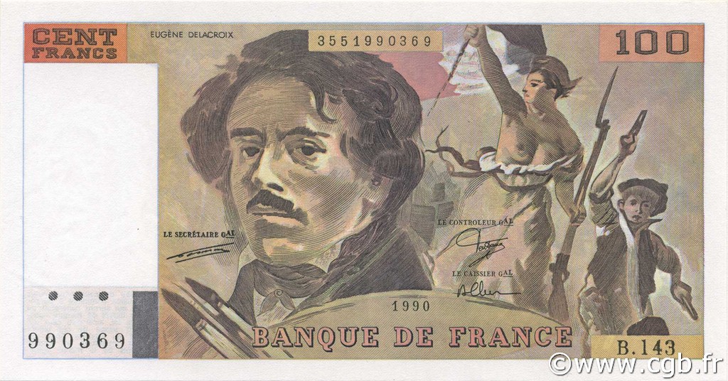 100 Francs DELACROIX imprimé en continu FRANCE  1990 F.69bis.01bB UNC