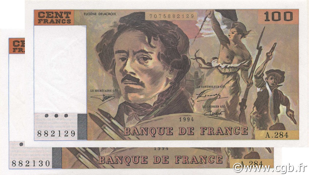 100 Francs DELACROIX 442-1 & 442-2 Consécutifs FRANKREICH  1994 F.69ter.01c fST+