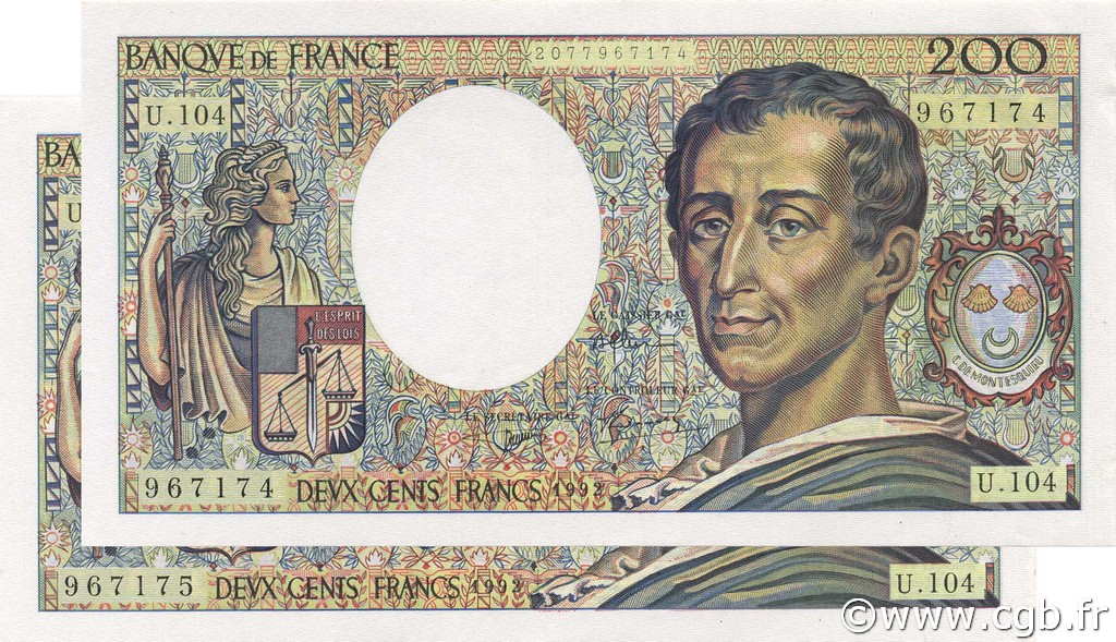 200 Francs MONTESQUIEU FRANCE  1992 F.70.12a UNC-