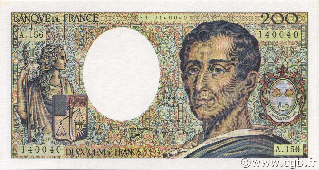 200 Francs MONTESQUIEU Modifié FRANCE  1994 F.70/2.01 UNC