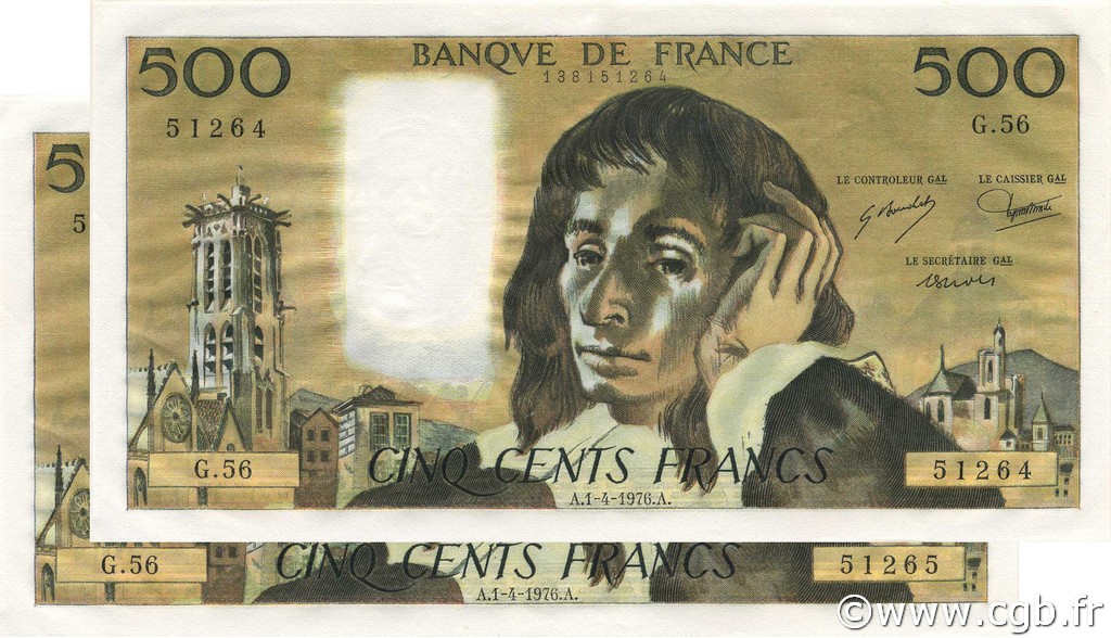 500 Francs PASCAL Consécutifs FRANCIA  1976 F.71.14 SC+