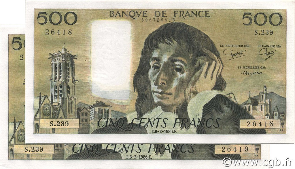 500 Francs PASCAL Consécutifs FRANCE  1986 F.71.34 SPL