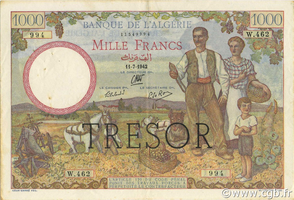 1000 Francs Algérie FRANCE  1943 VF.10.01 VF+