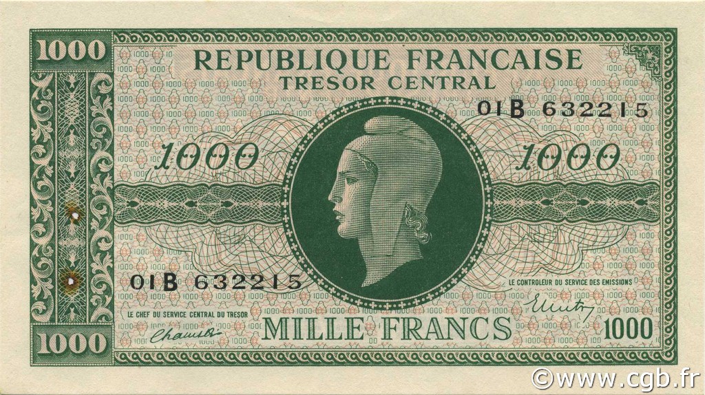 1000 Francs MARIANNE BANQUE D ANGLETERRE FRANCIA  1945 VF.12.02 SPL a AU