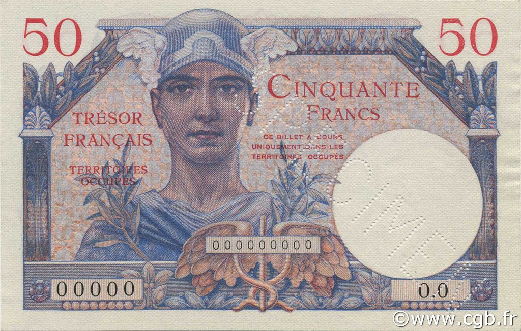 50 Francs Trésor Français FRANKREICH  1947 VF.31.00Sp fST+