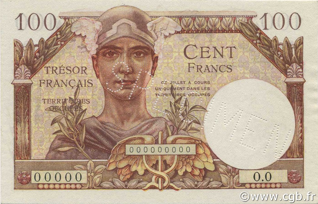 100 Francs Trésor Français FRANKREICH  1947 VF.32.00Sp fST+