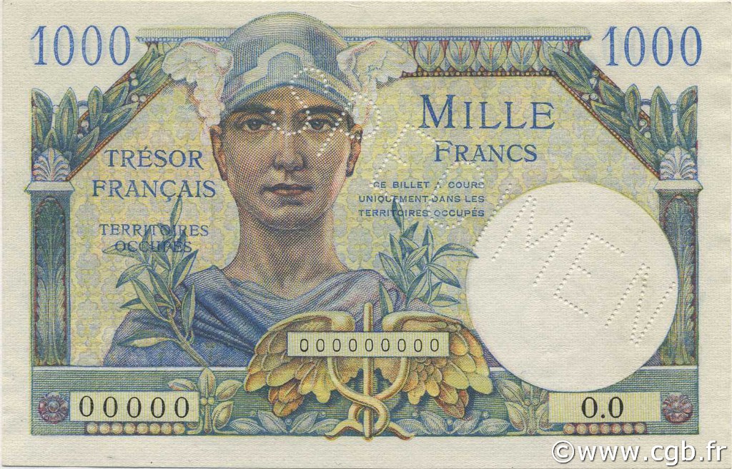 1000 Francs Trésor Français FRANKREICH  1947 VF.33.00Sp fST+