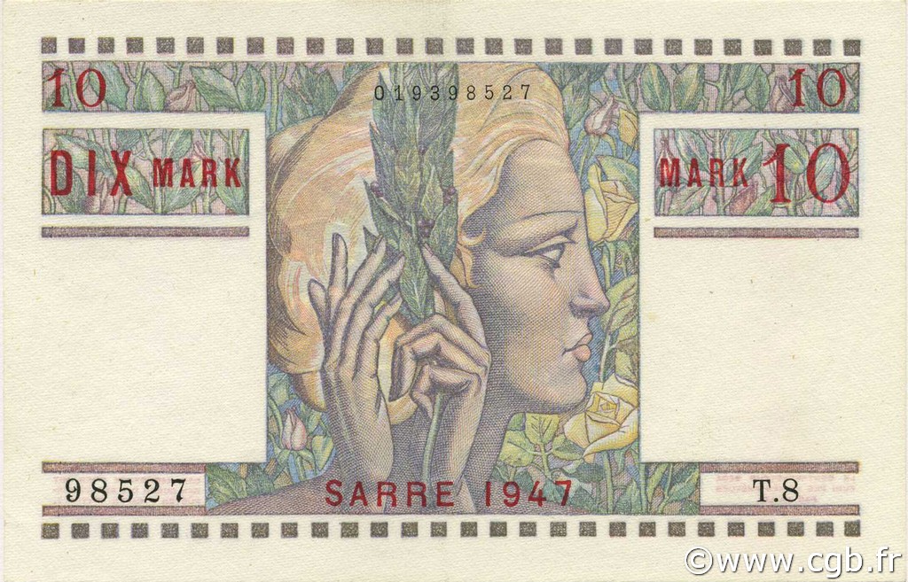 10 Mark SARRE FRANCIA  1947 VF.47.01 AU+