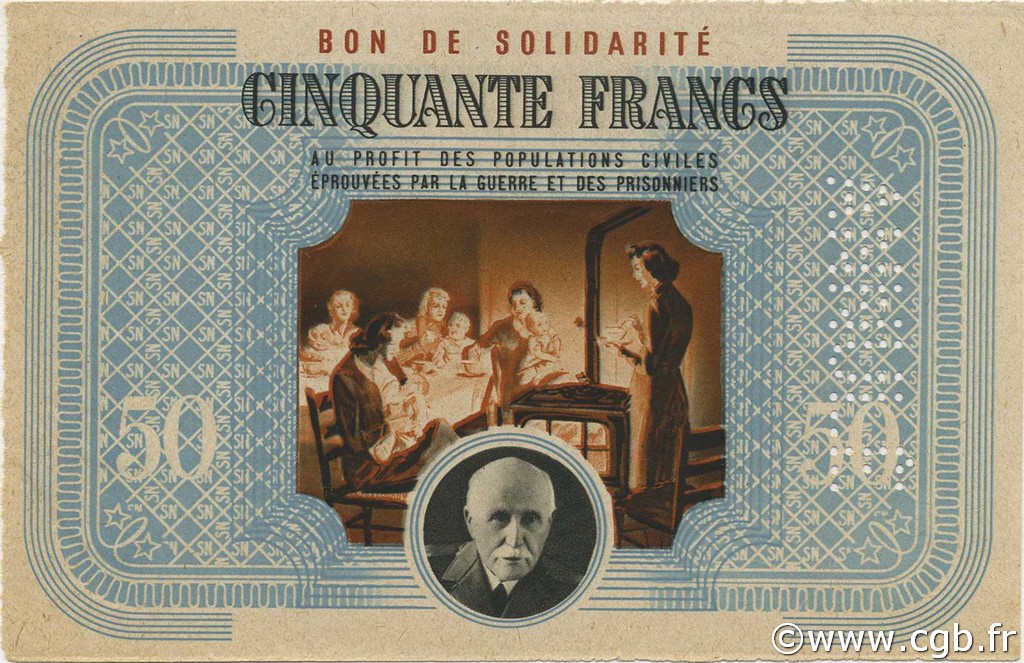 50 Francs BON DE SOLIDARITÉ Annulé FRANCE Regionalismus und verschiedenen  1941 KL.09Cs fST