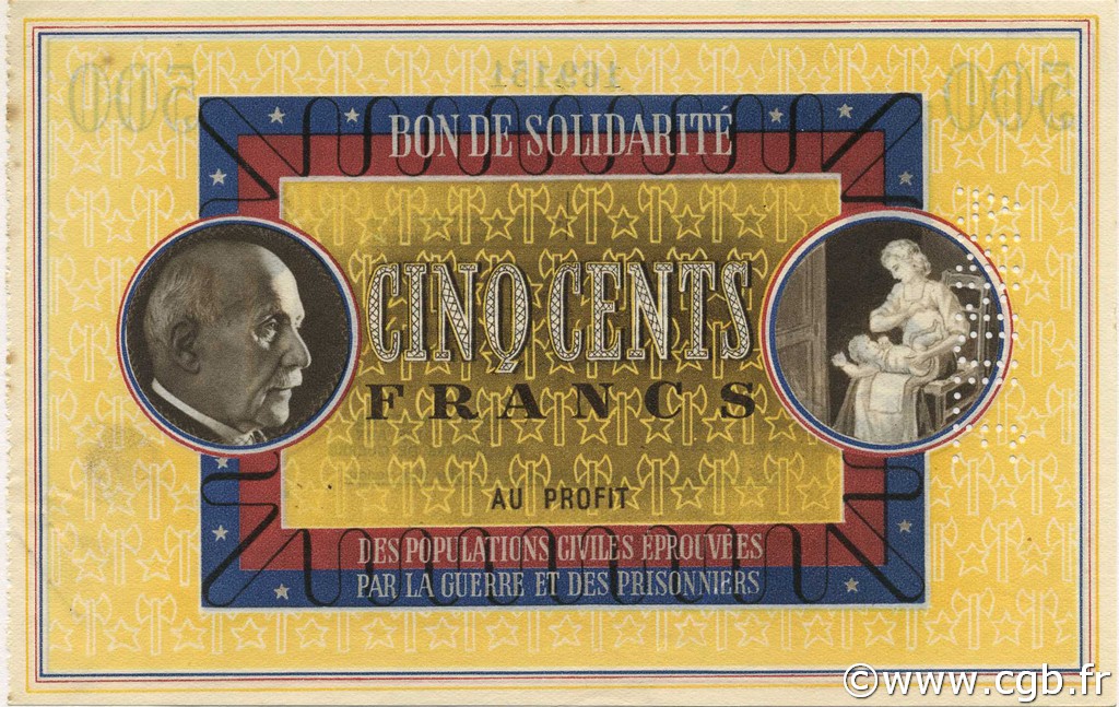 500 Francs BON DE SOLIDARITÉ FRANCE regionalism and miscellaneous  1941 KL.11As AU+