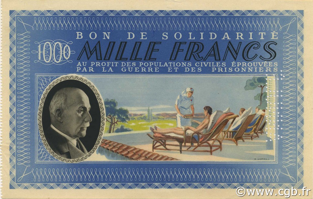 1000 Francs BON DE SOLIDARITÉ Annulé FRANCE regionalism and various  1941 KL.12Cs UNC-