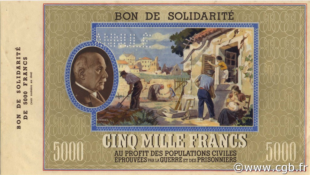 5000 Francs BON DE SOLIDARITÉ Annulé FRANCE régionalisme et divers  1941 KL.13Bs SPL