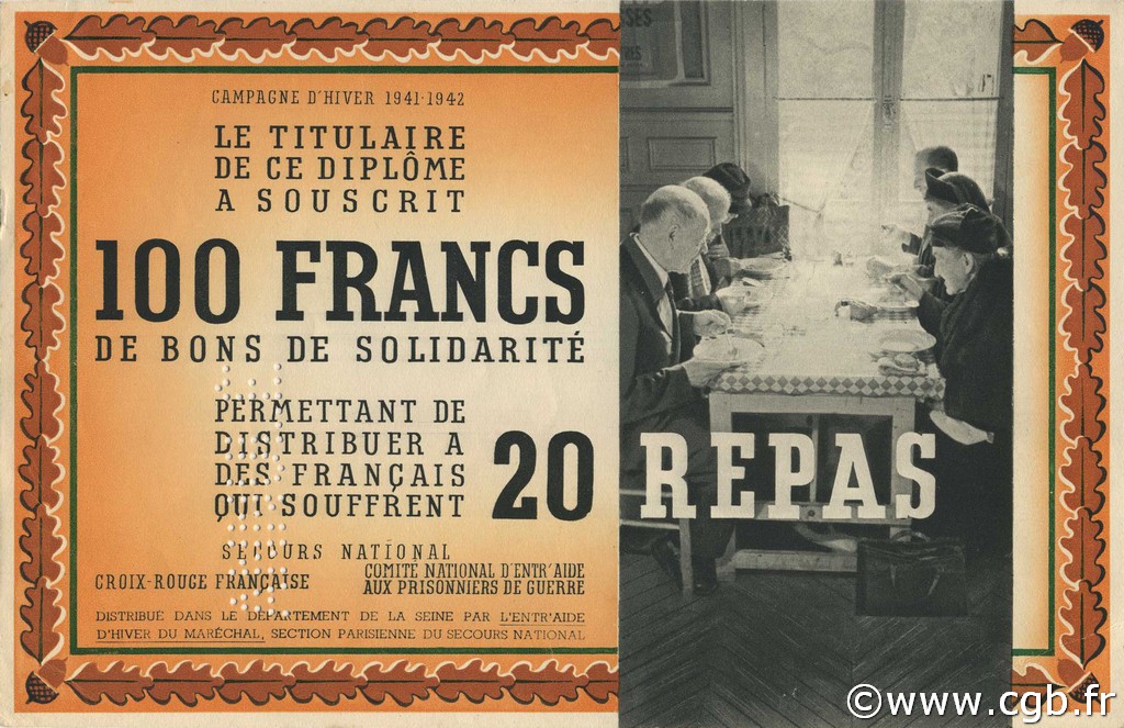 100 Francs - 20 Repas Annulé FRANCE régionalisme et divers  1941 KLd.01Bs pr.NEUF