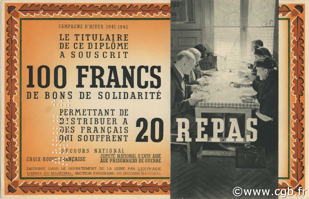 100 Francs - 20 Repas Annulé FRANCE regionalism and miscellaneous  1941 KLd.01Bs AU
