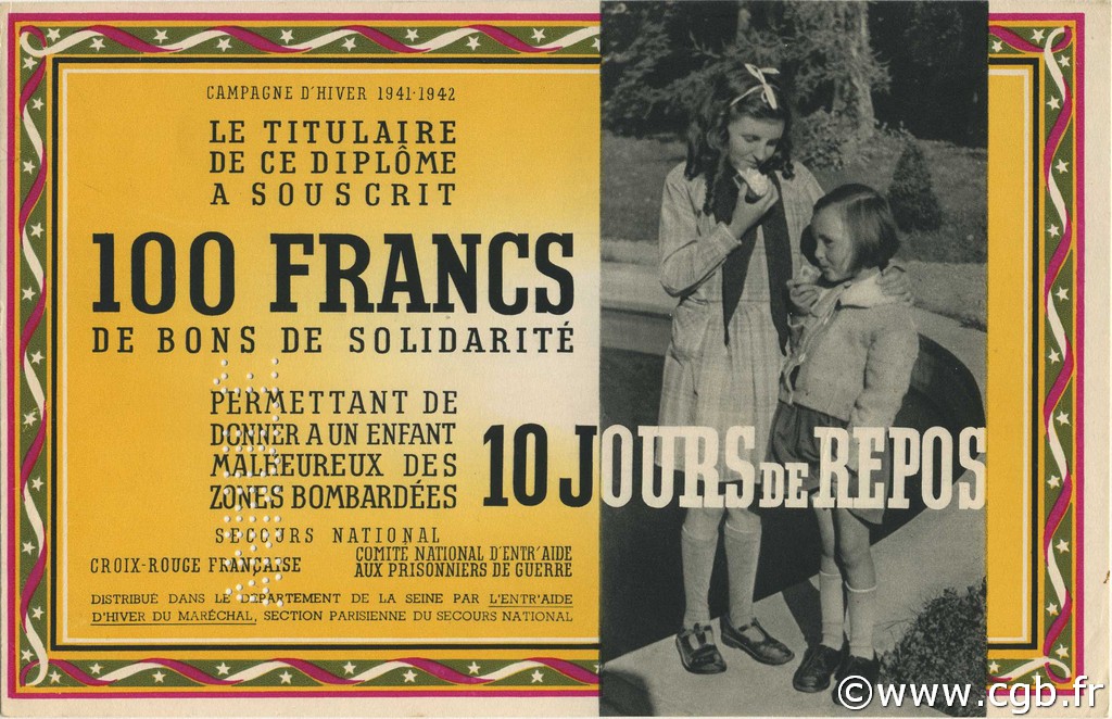 100 Francs - 10 Jours de Repos Annulé FRANCE regionalism and various  1941 KLd.03Bs UNC-