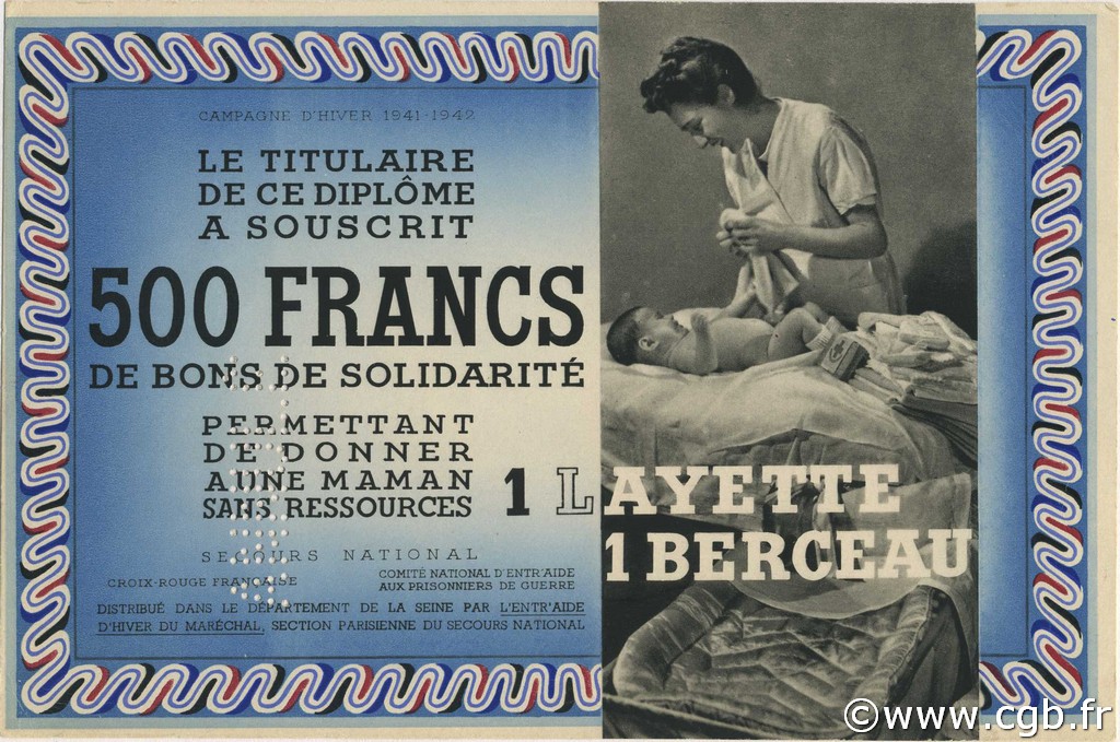 500 Francs - 1 Layette 1 Berceau Annulé FRANCE régionalisme et divers  1941 KLd.05Bs pr.NEUF