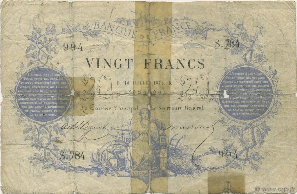20 Francs type 1871 FRANCE  1872 F.A46.03 P