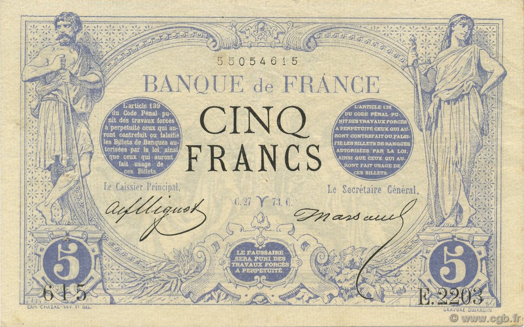 5 Francs NOIR FRANCE  1873 F.01.16 VF+