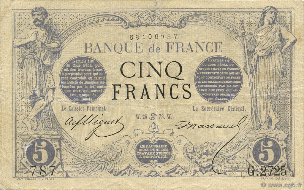 5 Francs NOIR FRANCIA  1873 F.01.19 BC a MBC